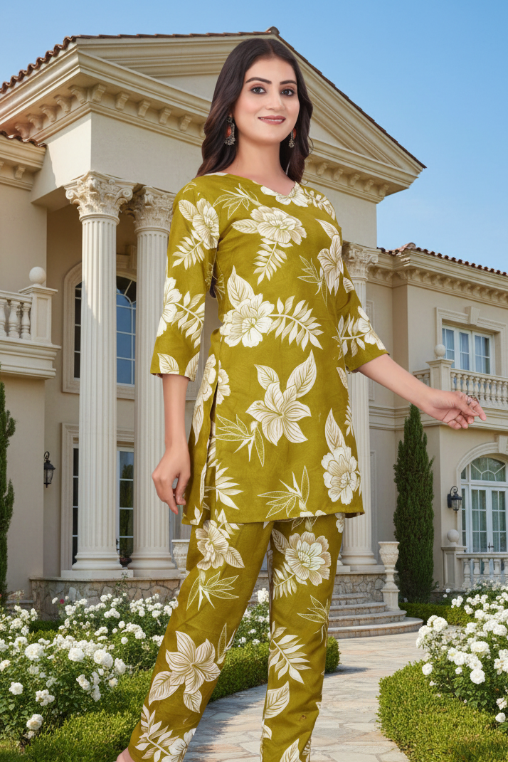 Woman wearing a green floral outfit in a bright room with plants.
