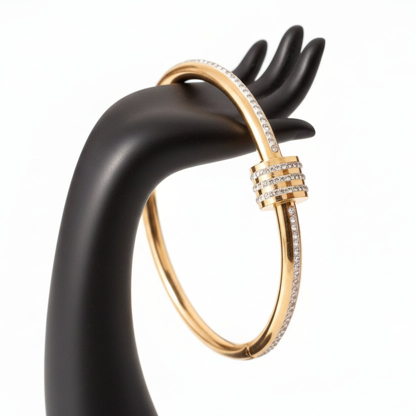 18K Gold CZ Stone Bangle - Hinged Clasp Bracelet