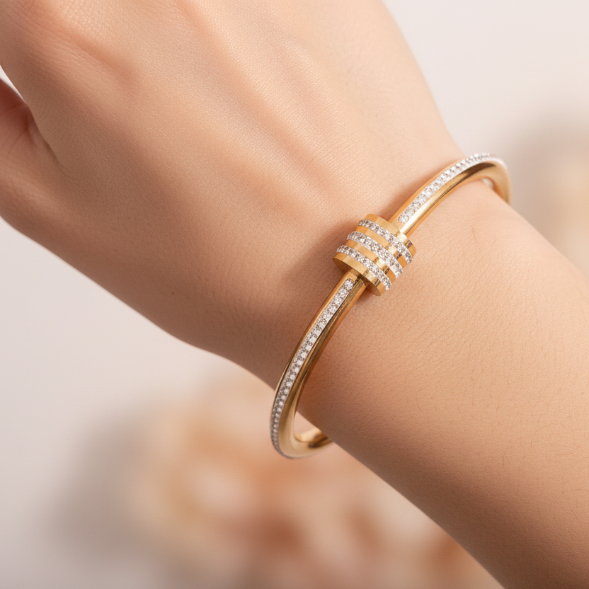 18K Gold CZ Stone Bangle - Hinged Clasp Bracelet