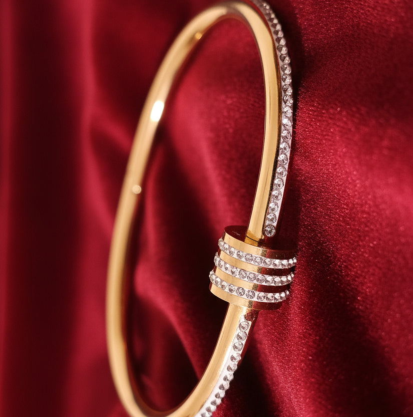18K Gold CZ Stone Bangle - Hinged Clasp Bracelet