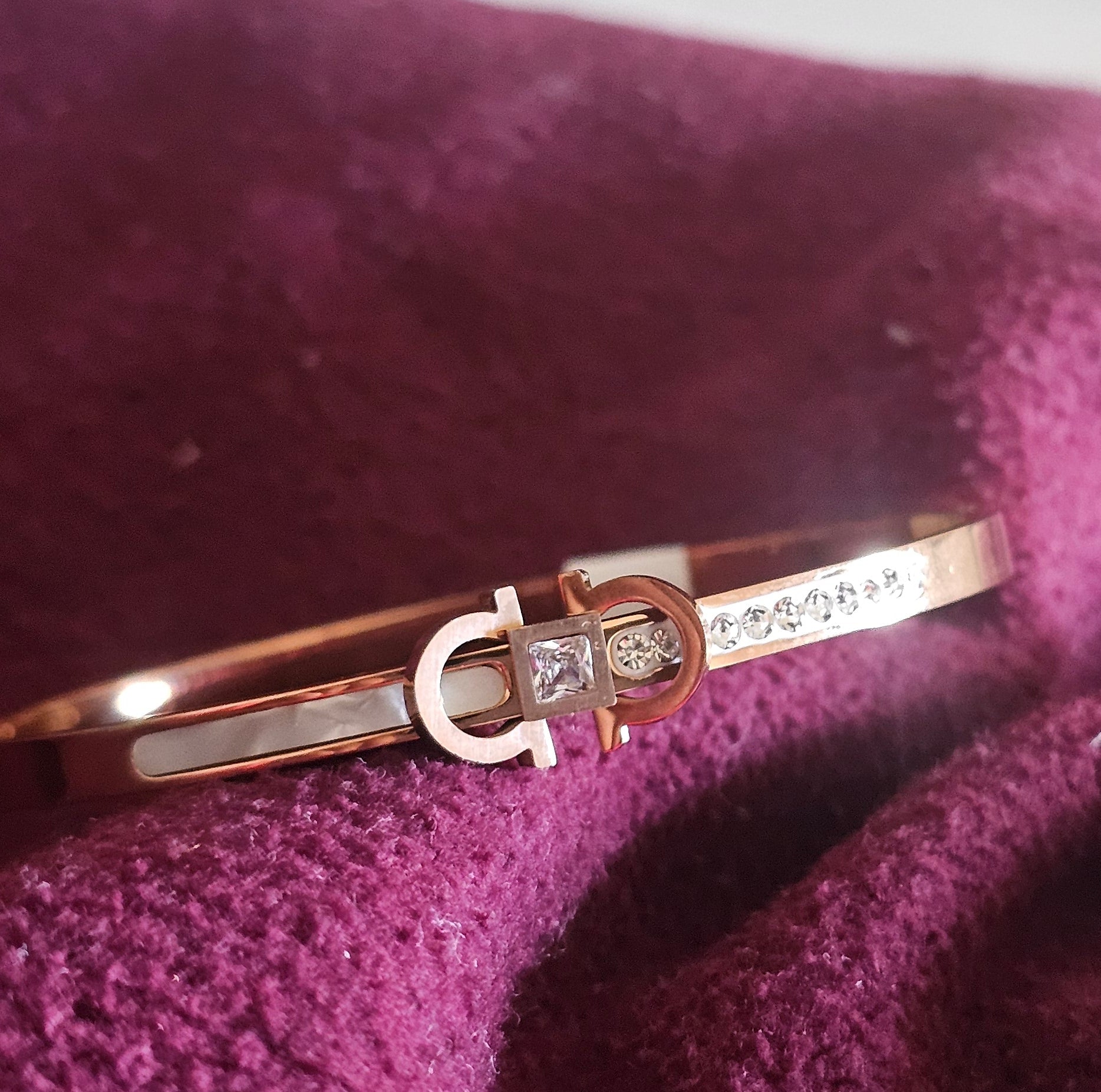 Rose Gold Crystal Buckle Bangle | 18k Plated Anti-Tarnish Bracelet with Ceramic Inlay