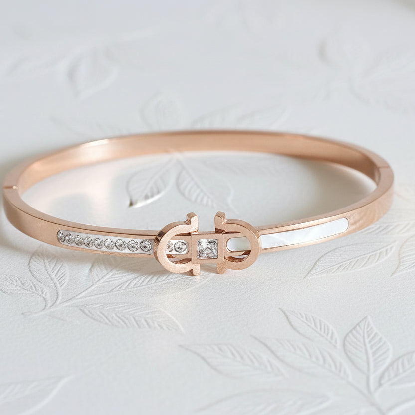 Rose Gold Crystal Buckle Bangle | 18k Plated Anti-Tarnish Bracelet with Ceramic Inlay
