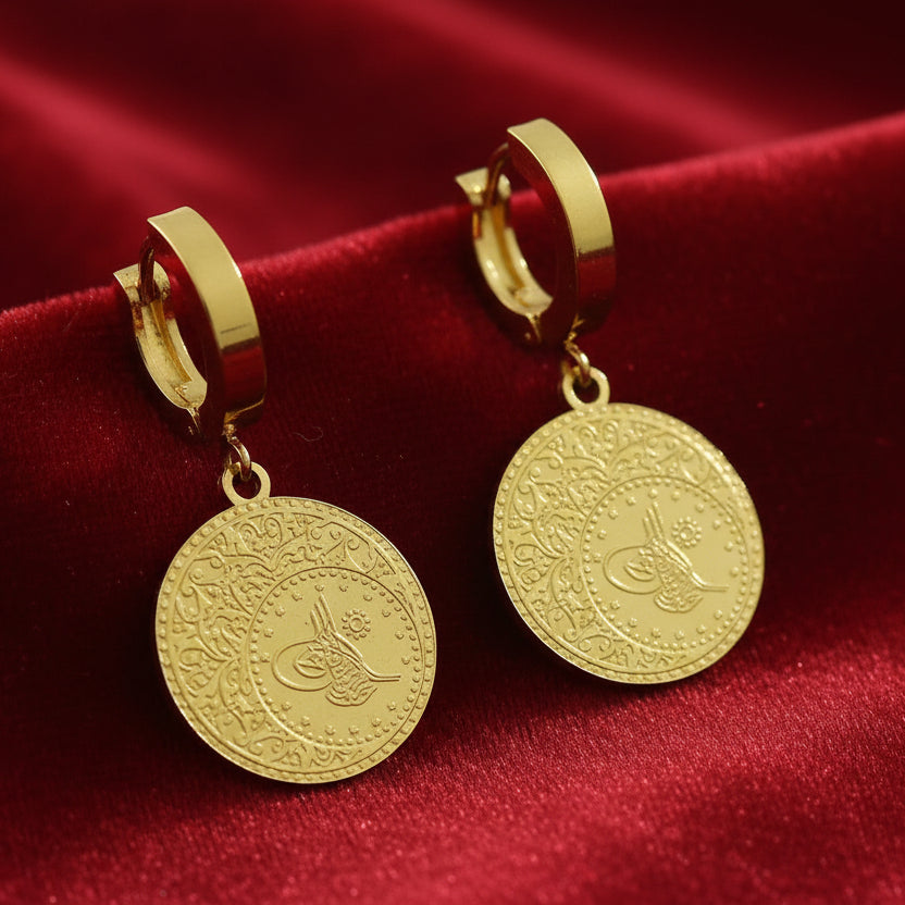 Turkish Lira Coin Chain Earrings - Gold Plated