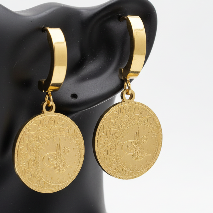 Turkish Lira Coin Chain Earrings - Gold Plated