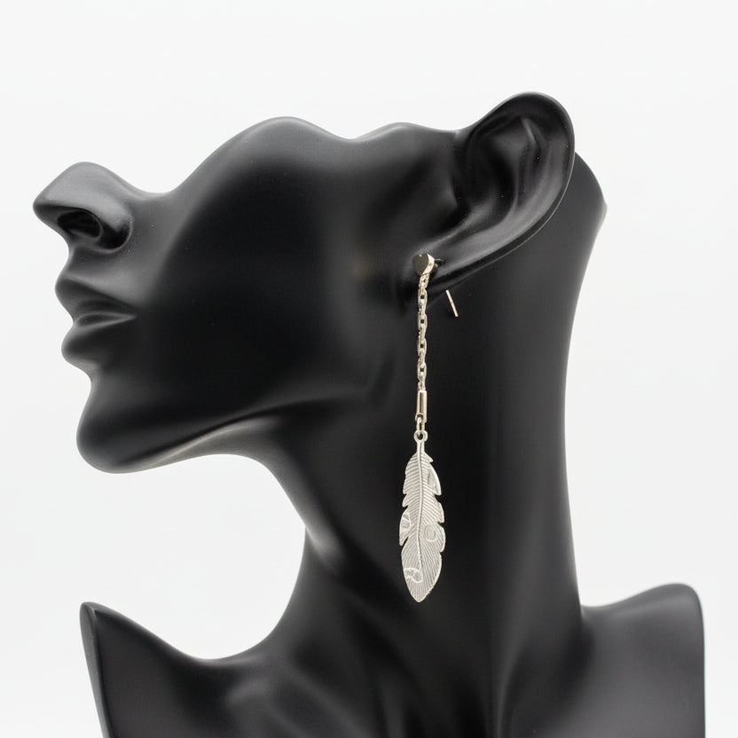 Gold Feather Drop Earrings with Chain Detail