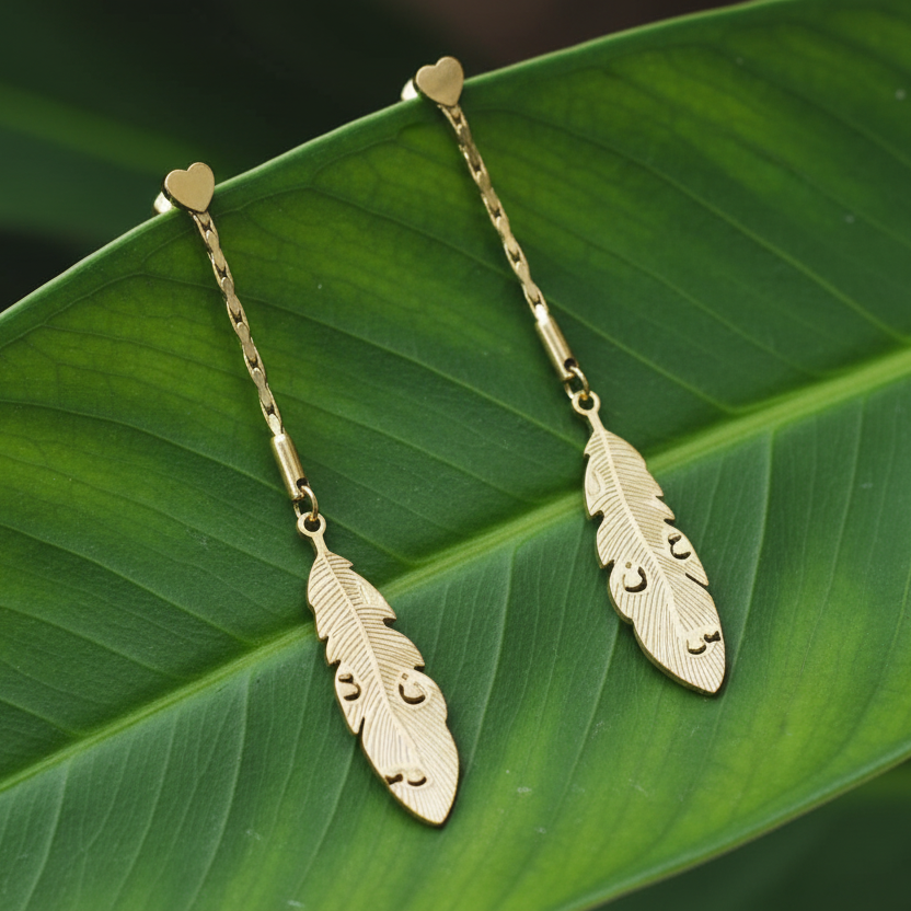 Gold Feather Drop Earrings with Chain Detail