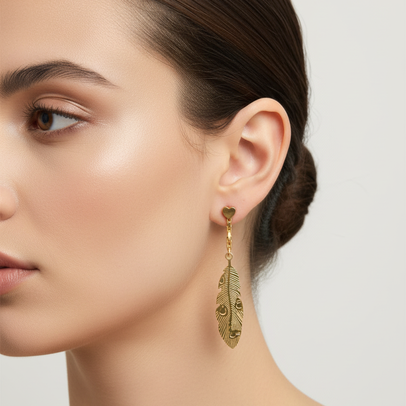 Gold Feather Drop Earrings with Chain Detail