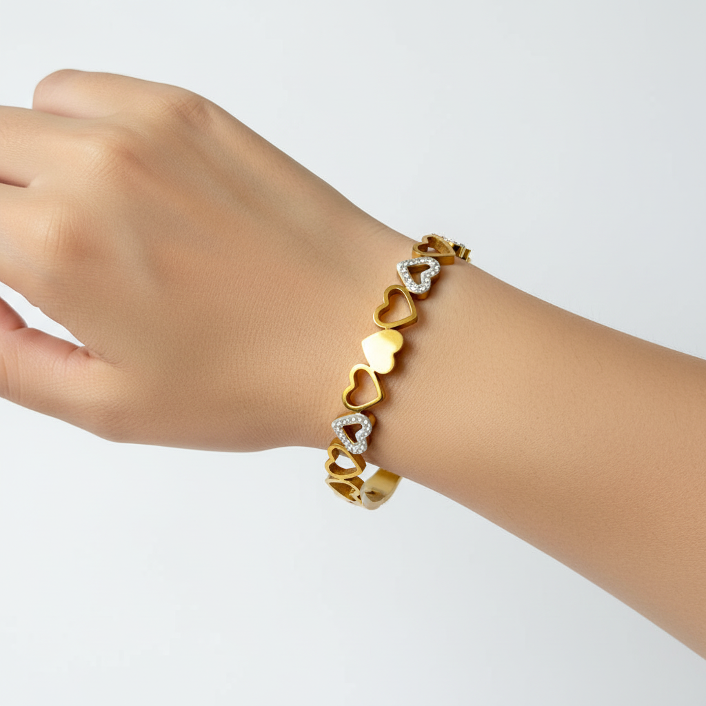 Gold Heart Link Bangle - 18K Gold Plated