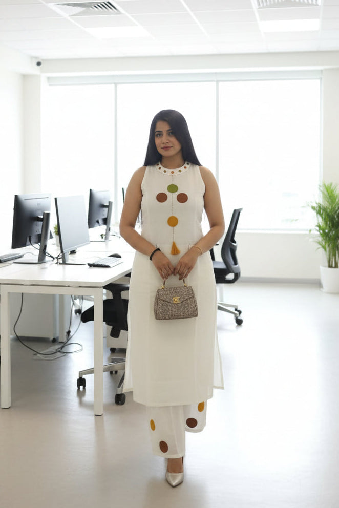 White Stitched A-Line Kurta Set