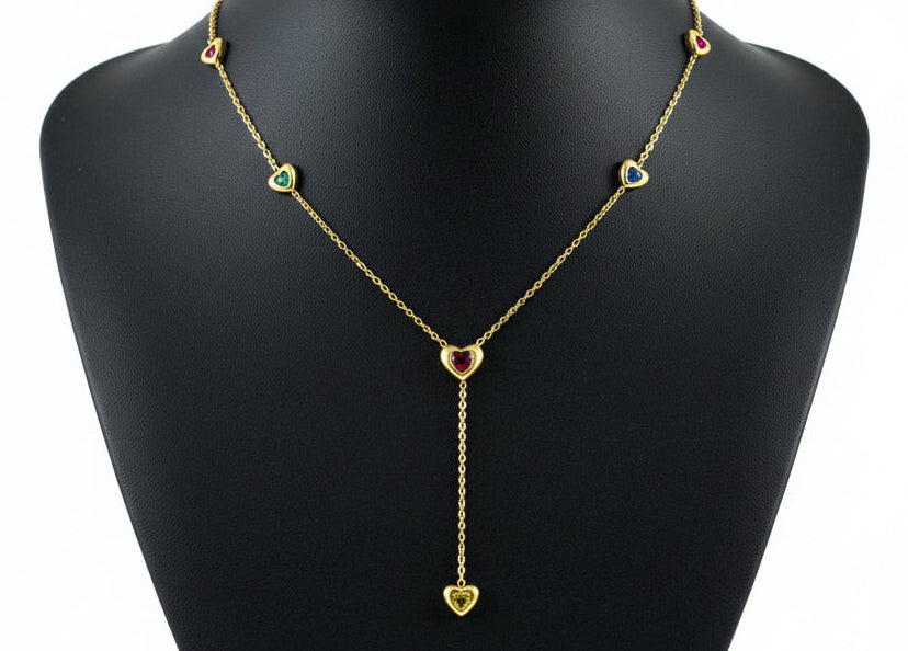 Multi-Color Heart Y Necklace - Gold Plated Lariat