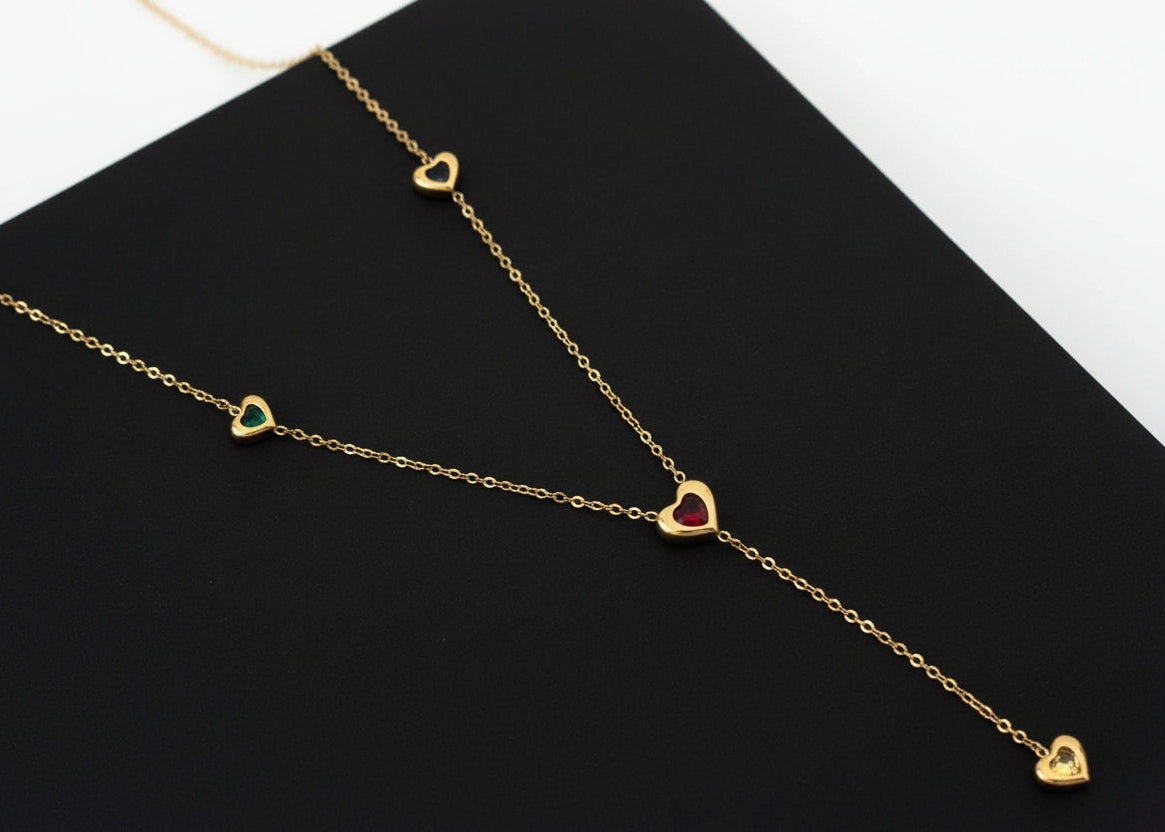 Multi-Color Heart Y Necklace - Gold Plated Lariat