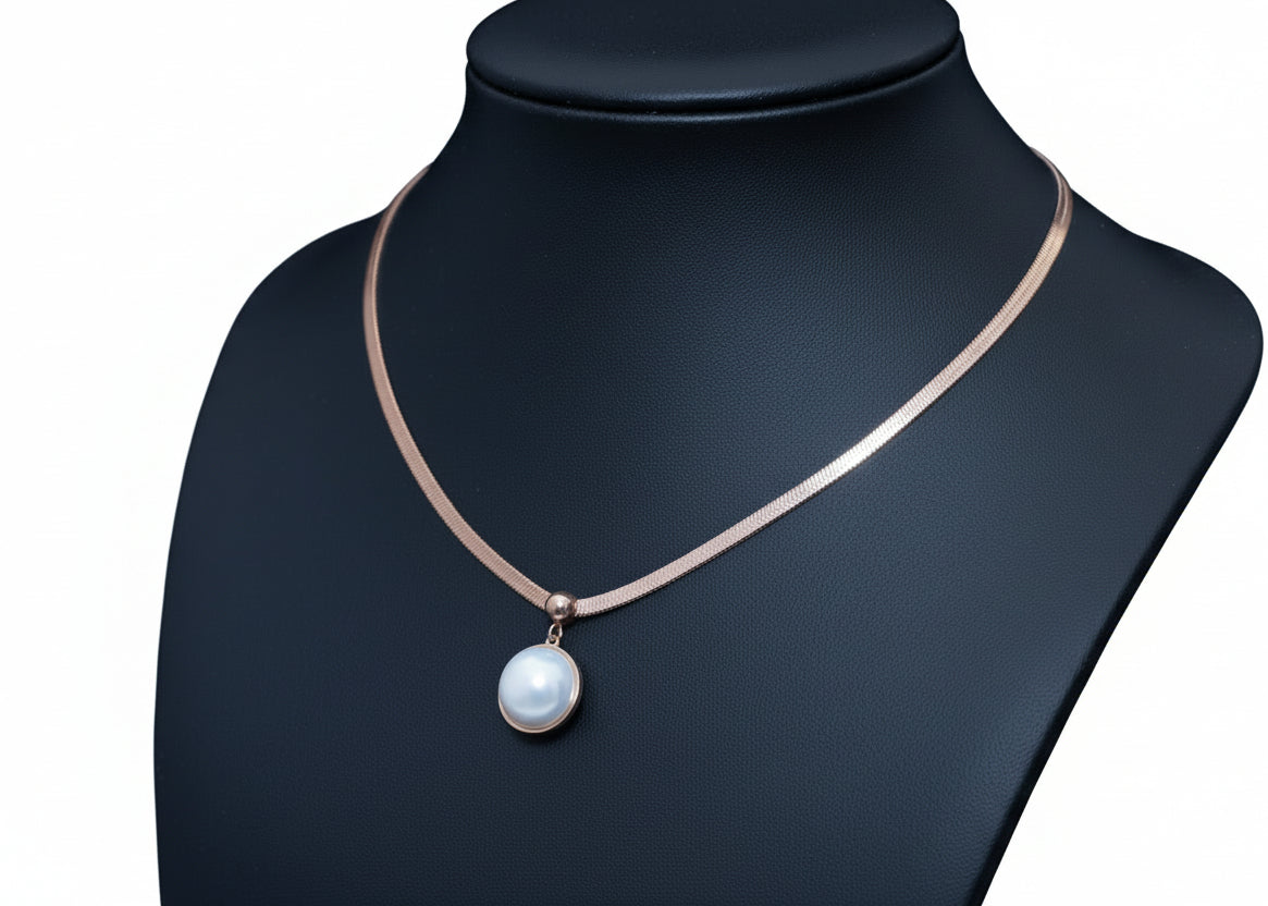 Rose Gold Plated Herringbone Chain Necklace with Faux Pearl Pendant