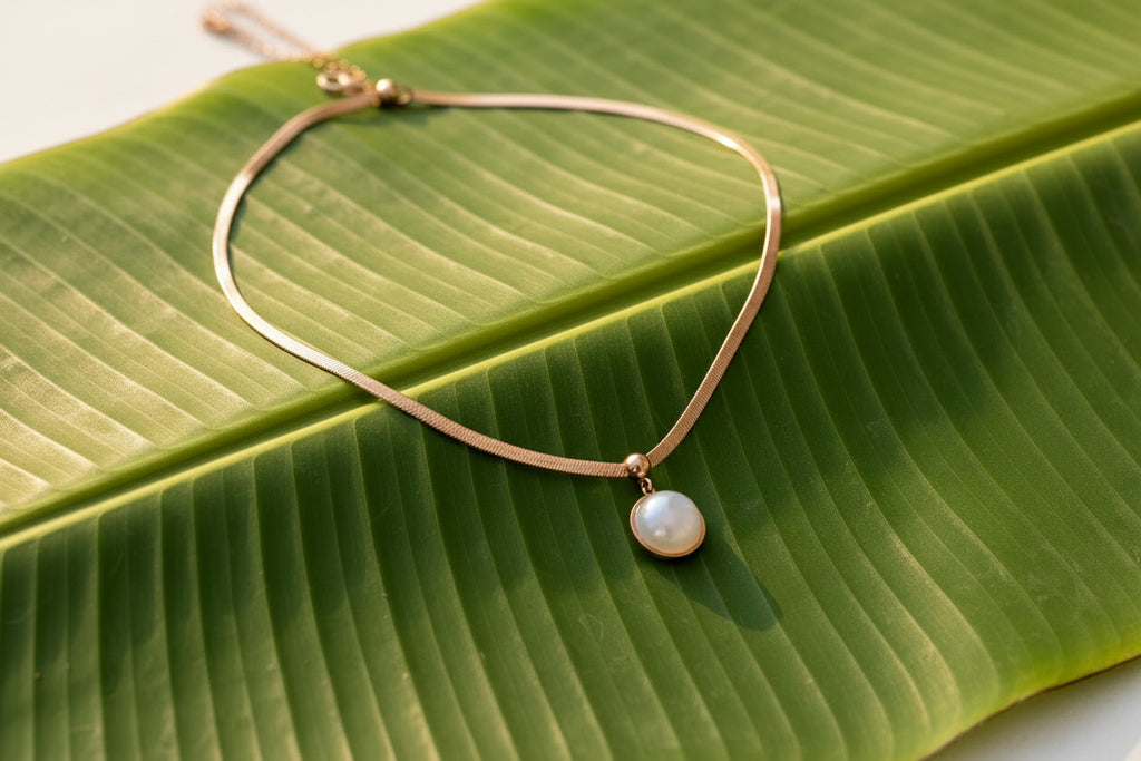 Rose Gold Plated Herringbone Chain Necklace with Faux Pearl Pendant
