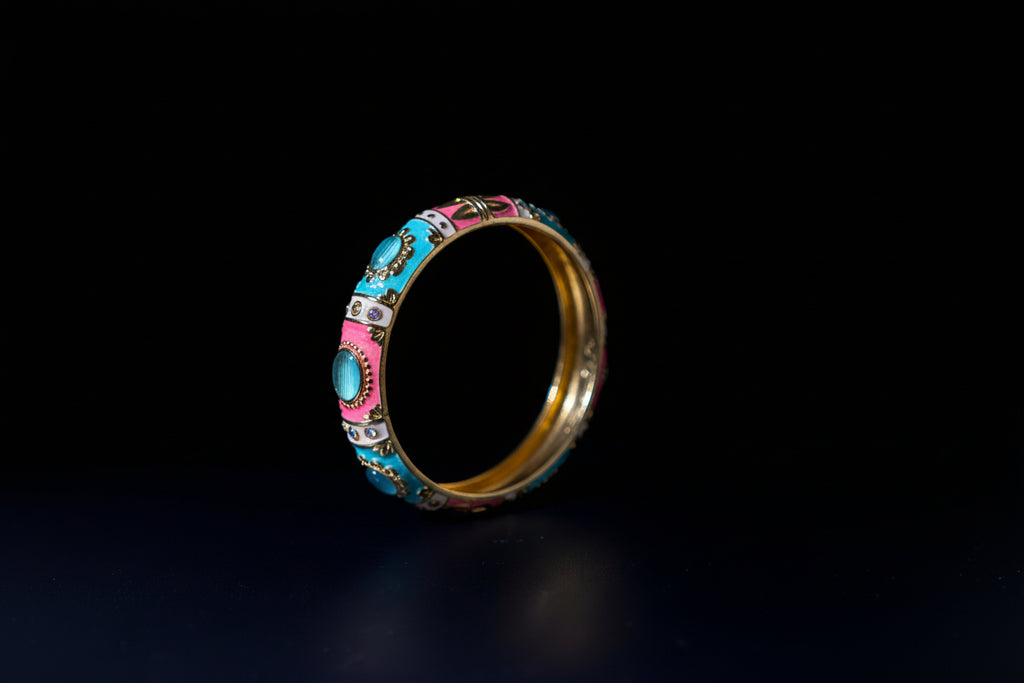 Vibrant Pink & Turquoise Enamel Hinged Bangle Bracelet