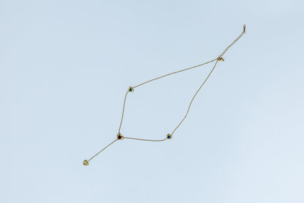 Multi-Color Heart Y Necklace - Gold Plated Lariat