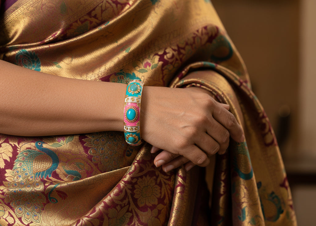 Vibrant Pink & Turquoise Enamel Hinged Bangle Bracelet
