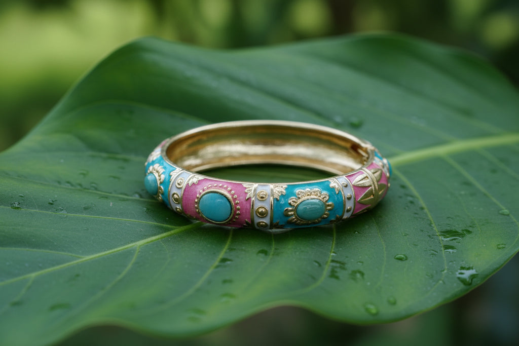 Vibrant Pink & Turquoise Enamel Hinged Bangle Bracelet