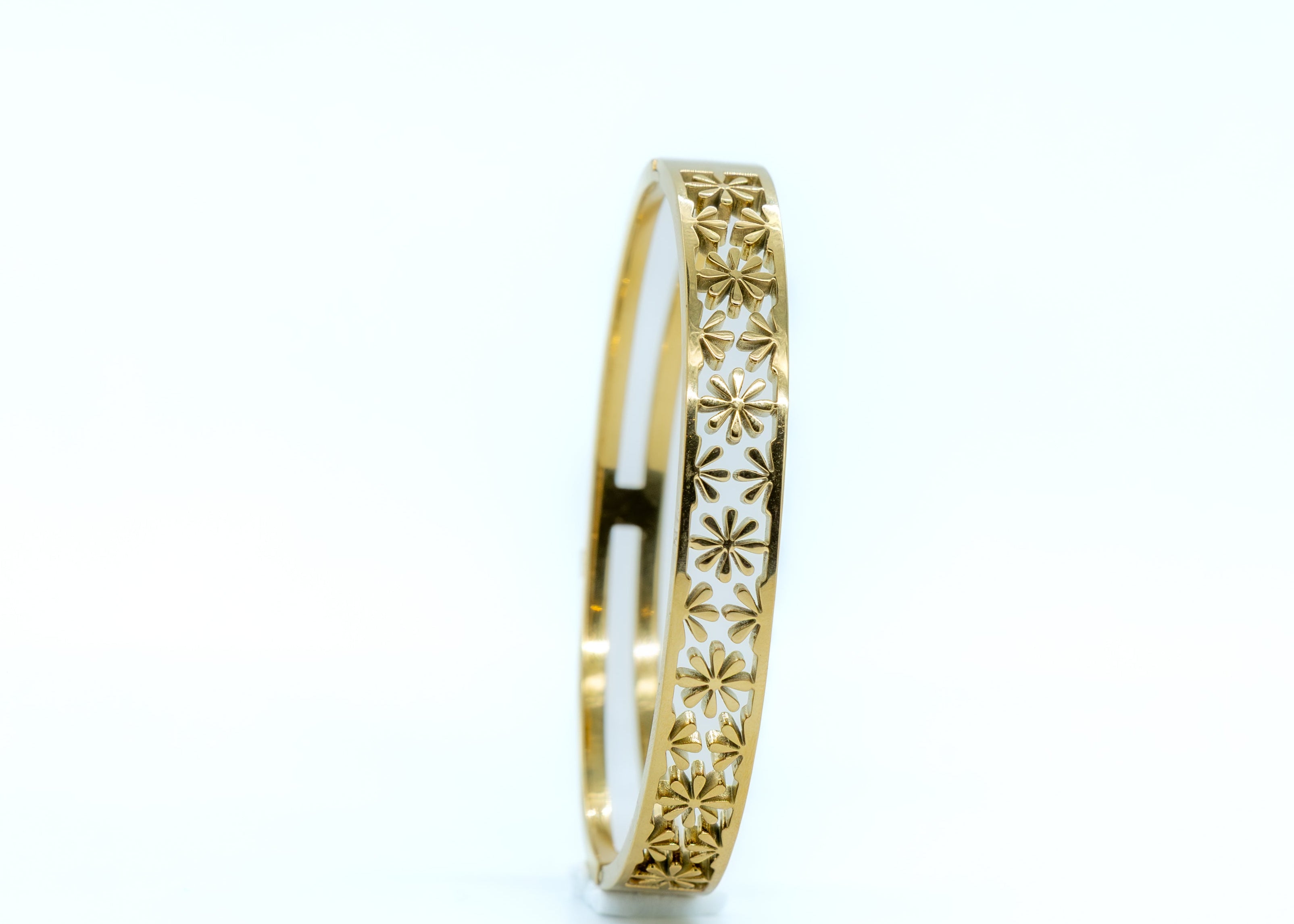 18K Gold Plated Floral Engraved Stainless Steel Bangle
