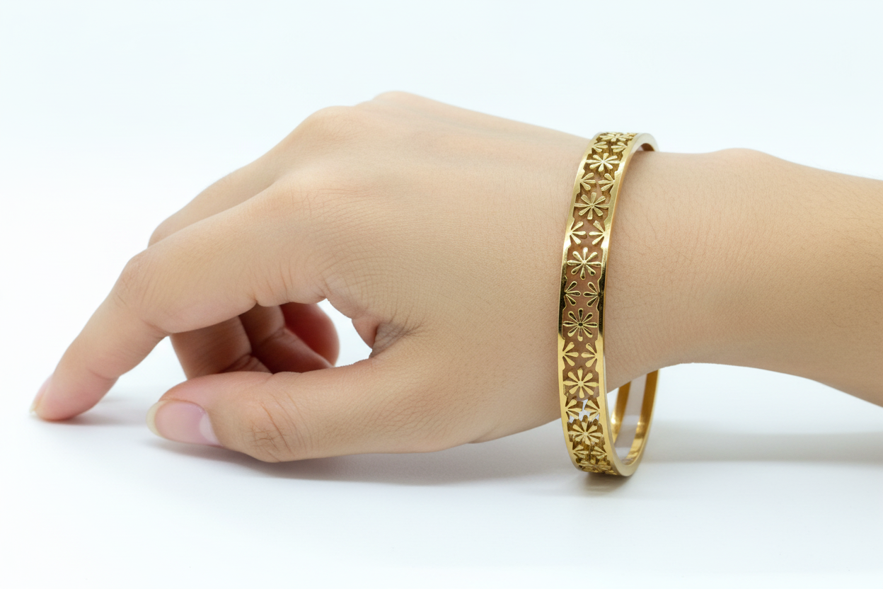 18K Gold Plated Floral Engraved Stainless Steel Bangle