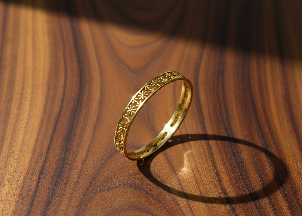 18K Gold Plated Floral Engraved Stainless Steel Bangle