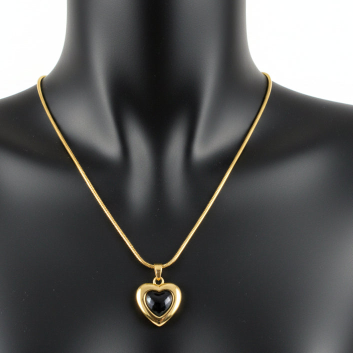 Black Onyx Bezel Pendant Necklace - 18K Gold Snake Chain