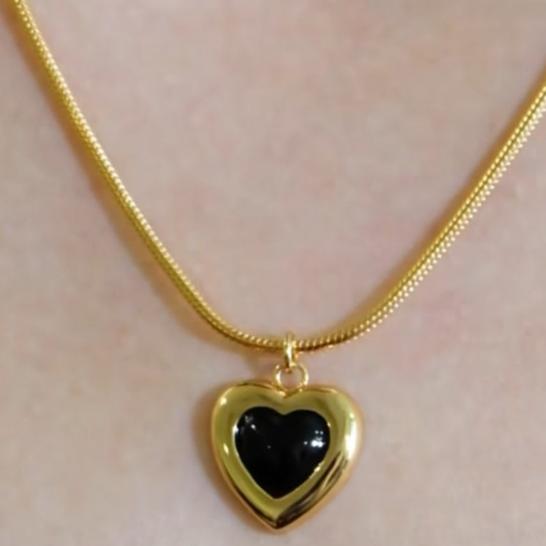 Black Onyx Bezel Pendant Necklace - 18K Gold Snake Chain