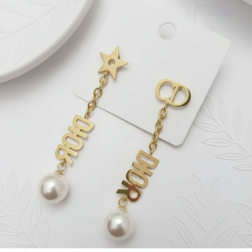 Luxury-Inspired Asymmetric Drop Earrings with Pearl Detail