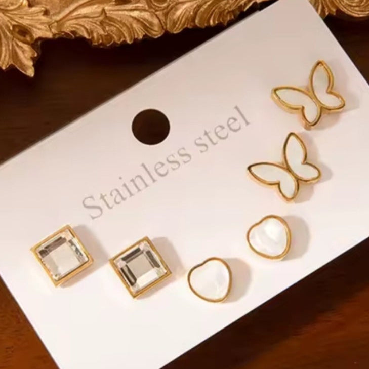 Gold-Plated Stud Earring Set - 3 Pairs