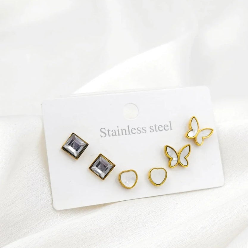 Gold-Plated Stud Earring Set - 3 Pairs