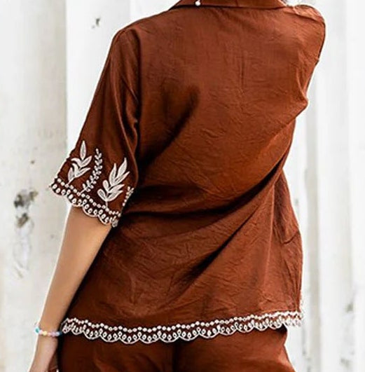 Chanderi Embroidered Coord Set | Brown