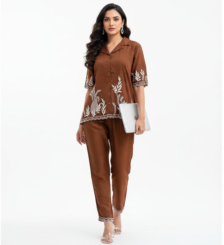 Chanderi Embroidered Coord Set | Brown