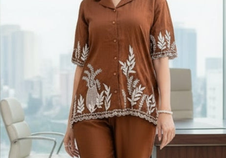 Chanderi Embroidered Coord Set | Brown