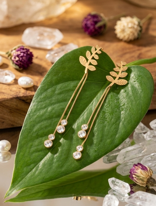 18K Gold Plated Leaf & Bezel-Set Crystal Linear Drop Earrings