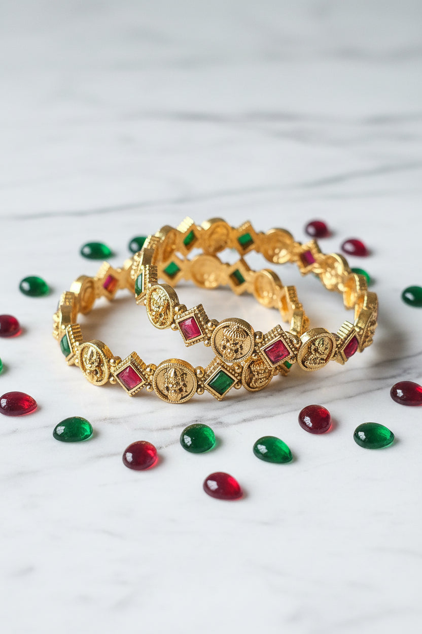 Antique Gold Divine Coin & Geometric Kemp Bangle Pair | UrbanLooma