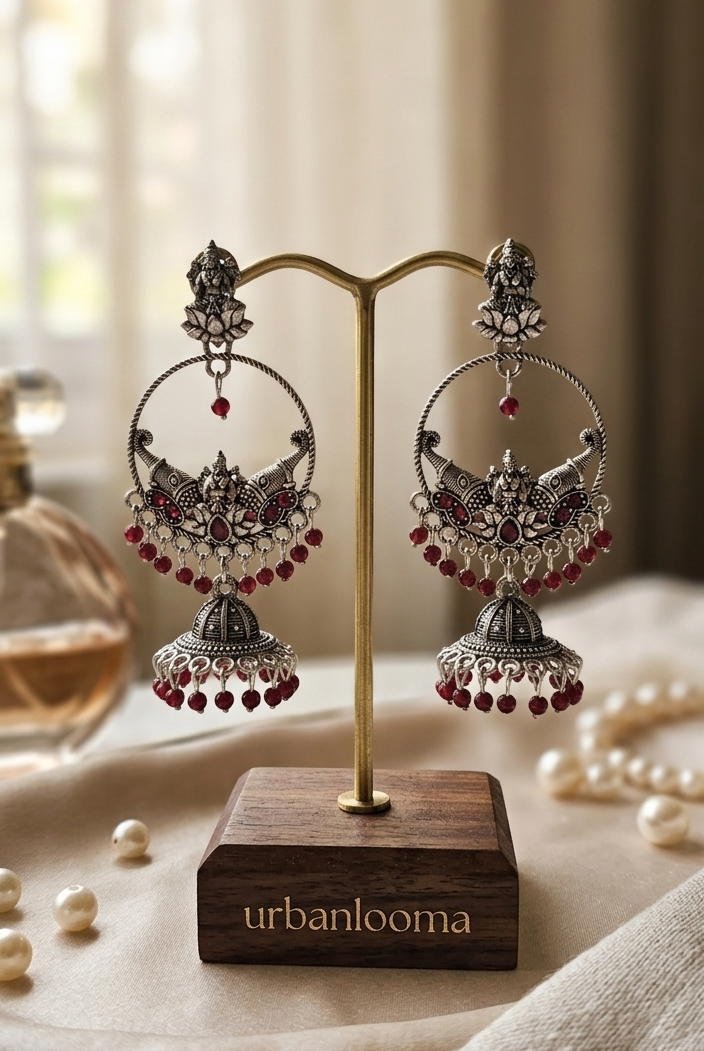 Oxidised Silver Goddess Lakshmi Hoop Jhumka Earrings with Ruby Red Beads
