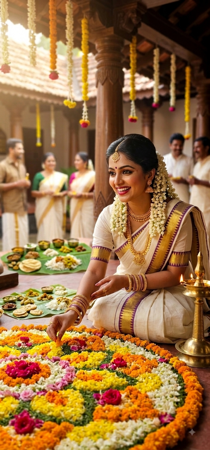 Traditional Kerala Off-White Kasavu Saree with Purple Temple Border & Tassels