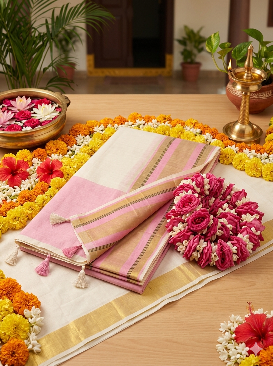 Premium Chanderi Silk / Soft Mul Cotton Kerala Saree with Pastel Pink & Gold Border
