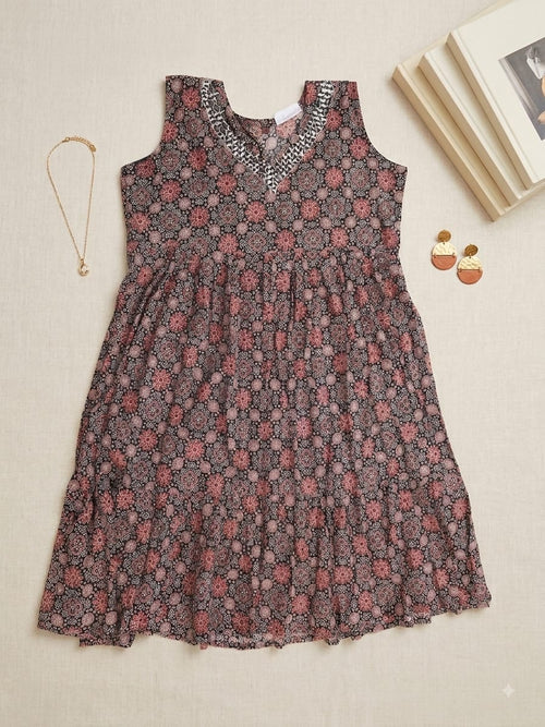 Ajrakh Block Printed Sleeveless V-Neck Tiered Midi Dress