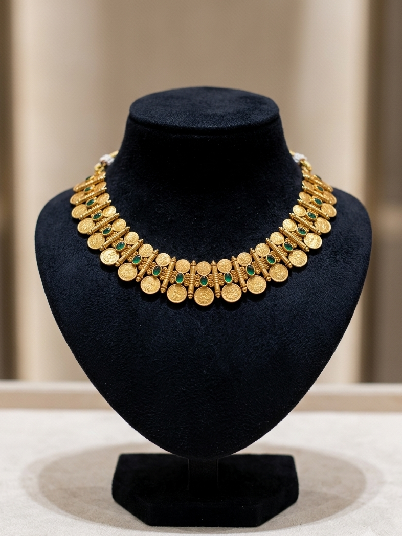 Antique Gold Plated Temple Style Kasu Necklace green stone