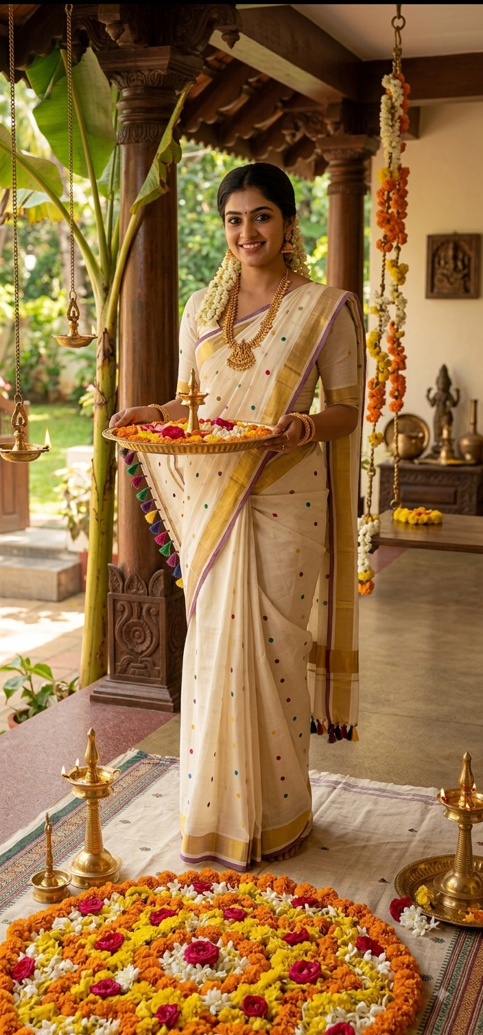 Traditional Kerala Off-White Kasavu Saree with Multicolor Polka Dots & Tassels