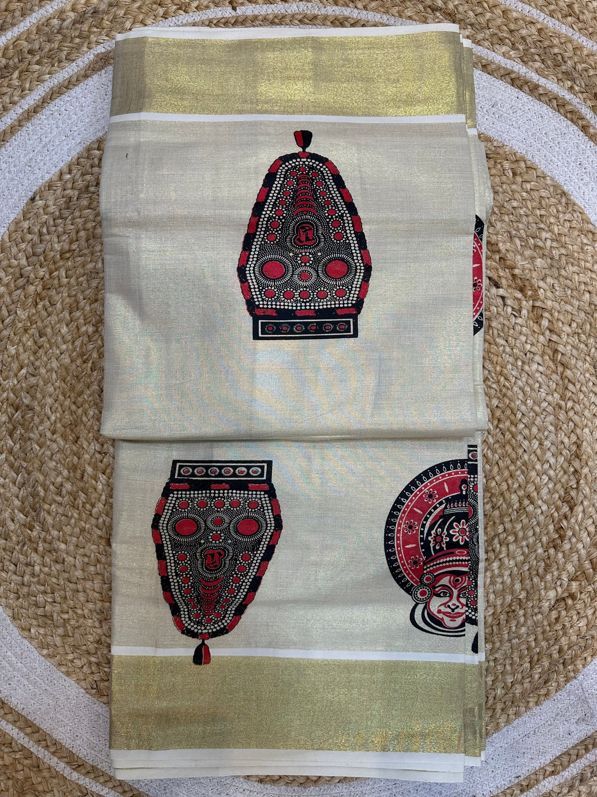 Timeless Heritage: Theyyam & Nettur Petti Art Printed Kerala Tissue Kasavu Saree