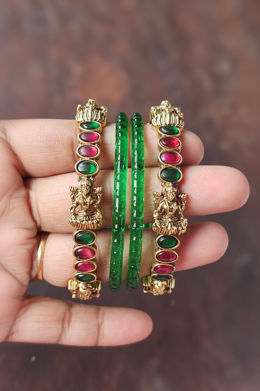 Antique Gold Lakshmi Motif Kemp Bangle Pair | UrbanLooma
