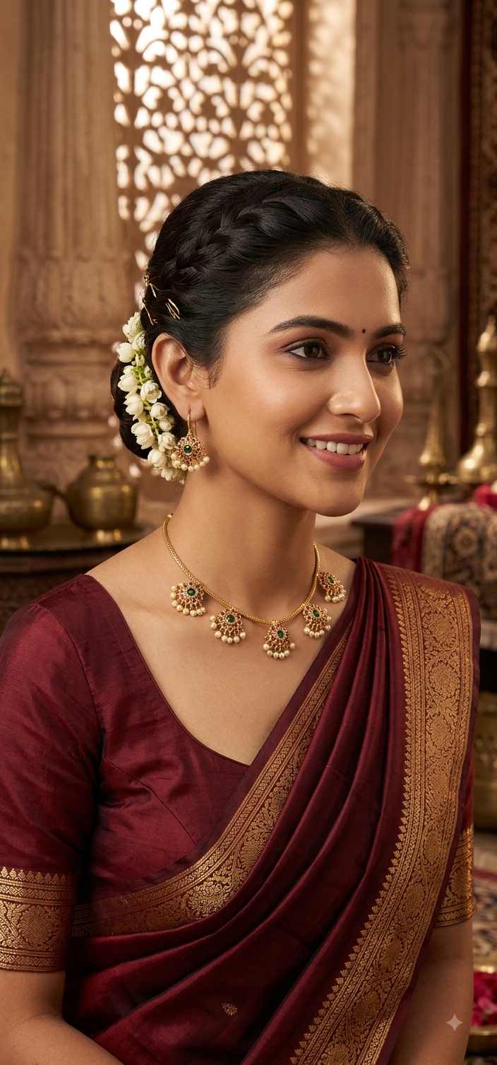 Antique Gold Floral Kemp Short Choker Necklace Set with Pearl Drops | UrbanLooma