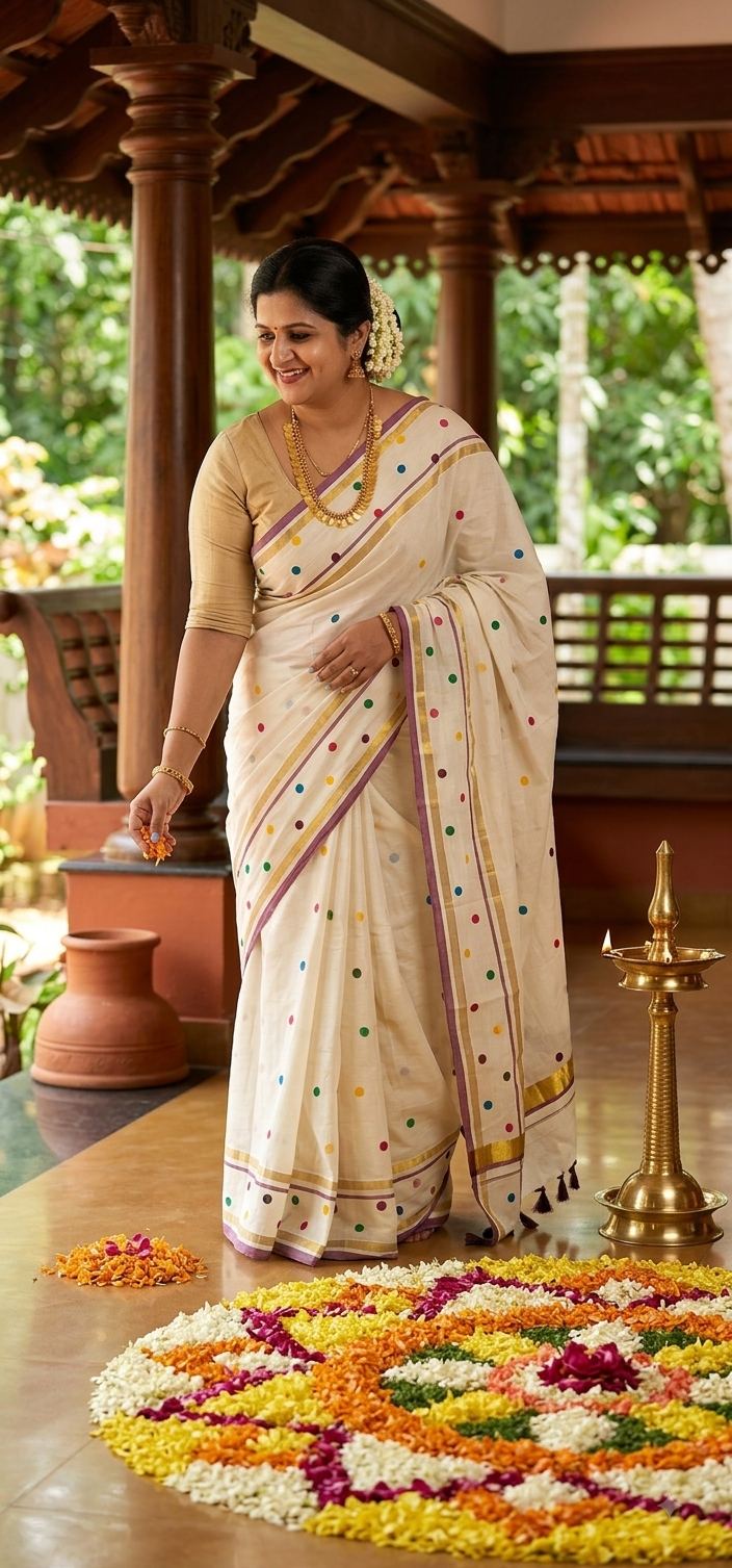Traditional Kerala Off-White Kasavu Saree with Multicolor Polka Dots & Tassels