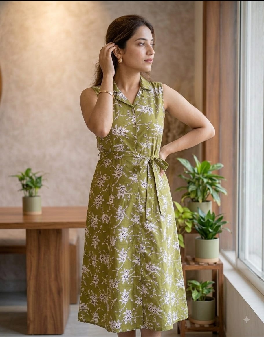 Olive Green Floral Print Sleeveless Shirt Dress with Waist Belt