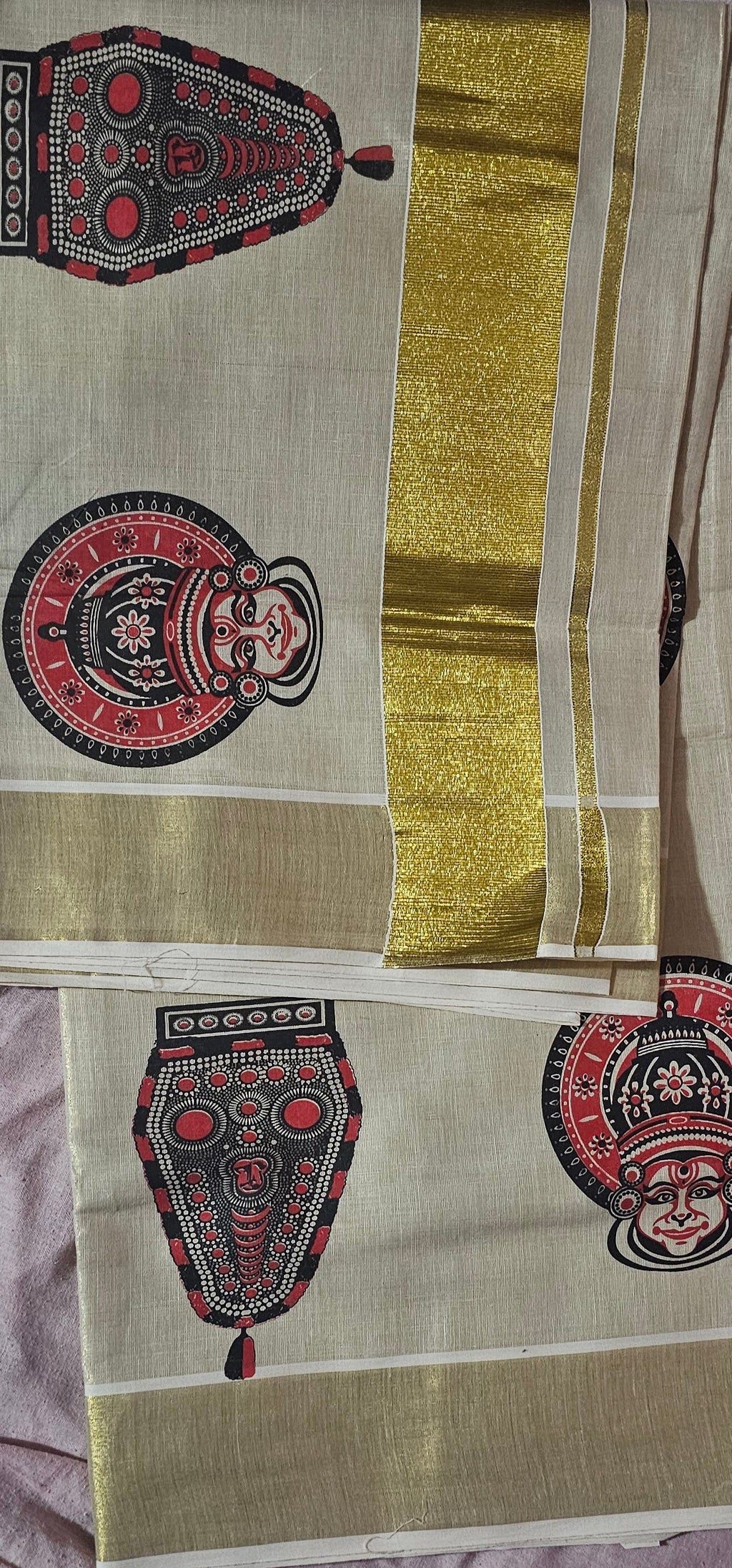 Timeless Heritage: Theyyam & Nettur Petti Art Printed Kerala Tissue Kasavu Saree