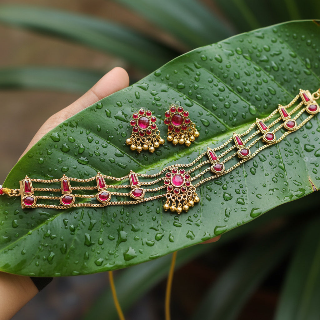 Antiqued Gold Three-Layer Ruby Necklace and Matching Studs