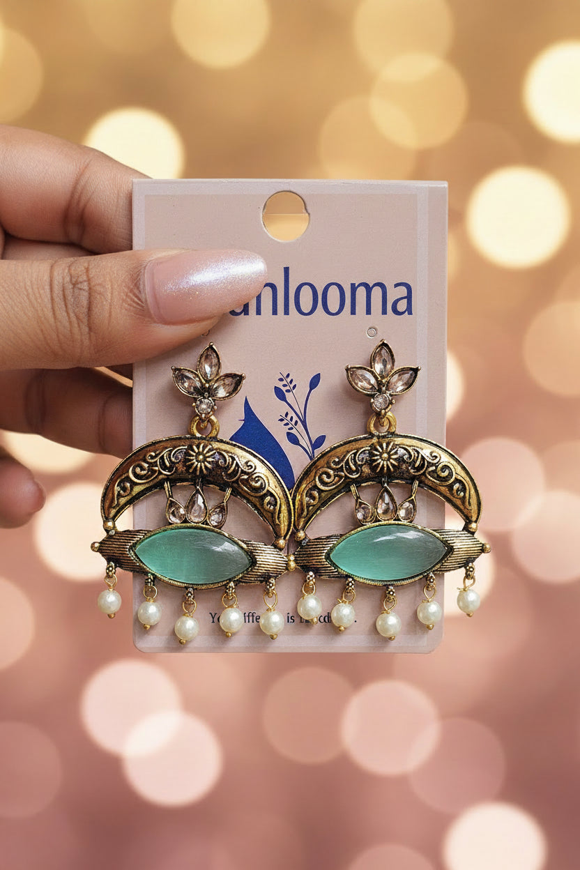 Antique Gold Crescent Earrings with Mint Green Stone & Pearl Drops