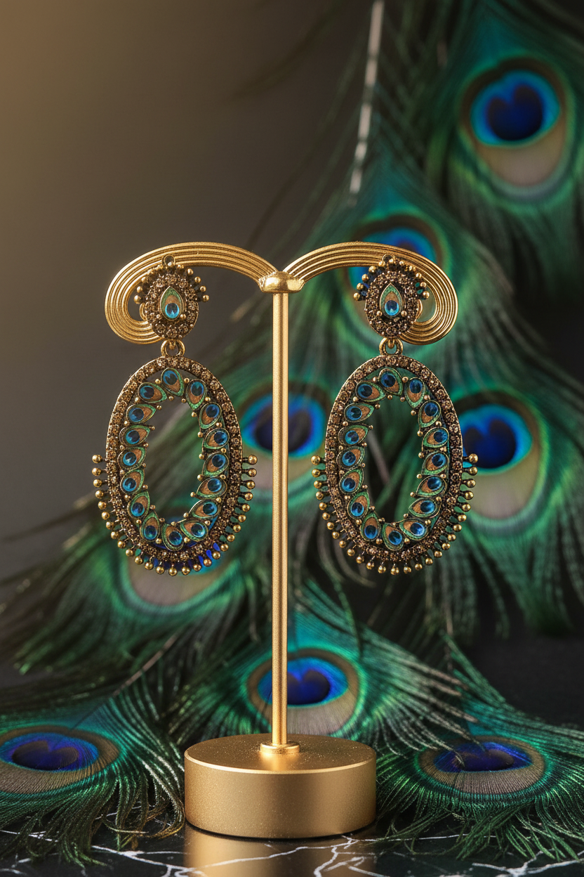 Royal Peacock Feather Enamel Oval Statement Earrings