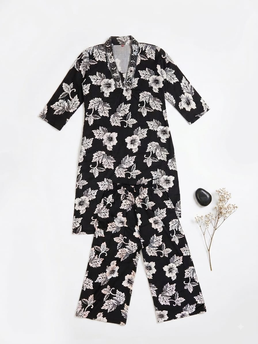 Elegant Black & White Floral Printed Kurta & Pant Set with Embellished Neckline